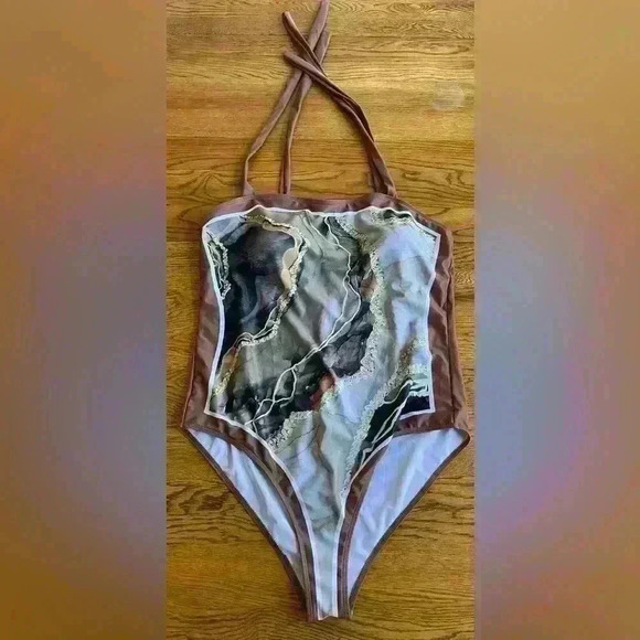 Chic one piece swimsuit w/wrap marble print tie shoulders padded chest swim wear - Picture 1 of 7